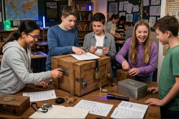 Leerlingen rond houten speelkisten met sloten en puzzels in een klaslokaal